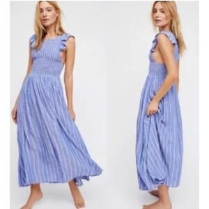 Free People Light Blue & White Striped Smocked Midi Dress